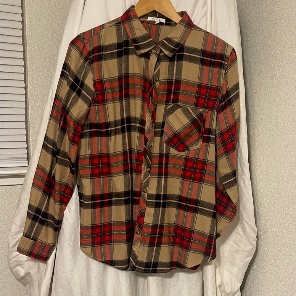 Maurices Red and Tan Plaid Button Down Shirt